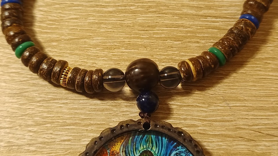 Extra Long 40-Inch Wood & Stone Necklace with Peacock Pendant