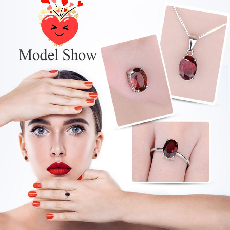 Natural  Garnet  925 Sterling Silver Ring Earring Pendant Necklace Jewelry Set