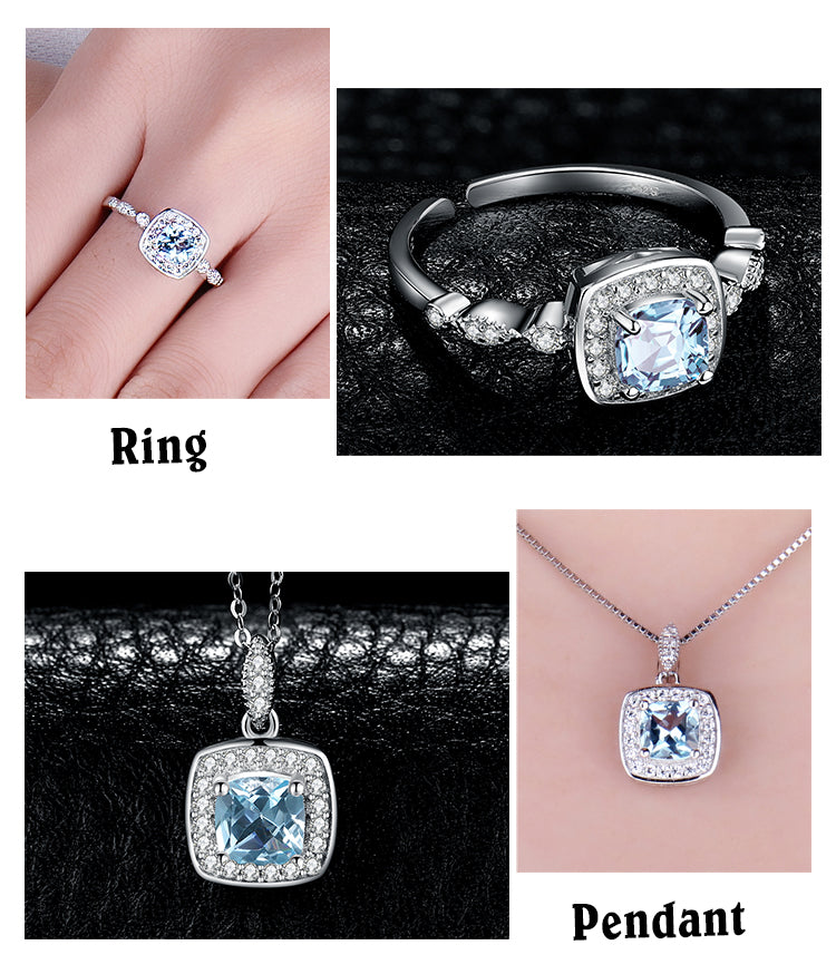 Genuine Blue Topaz 925 Sterling Silver Stud Earrings Pendant Necklace Open Adjustable Ring Jewelry Set for Women