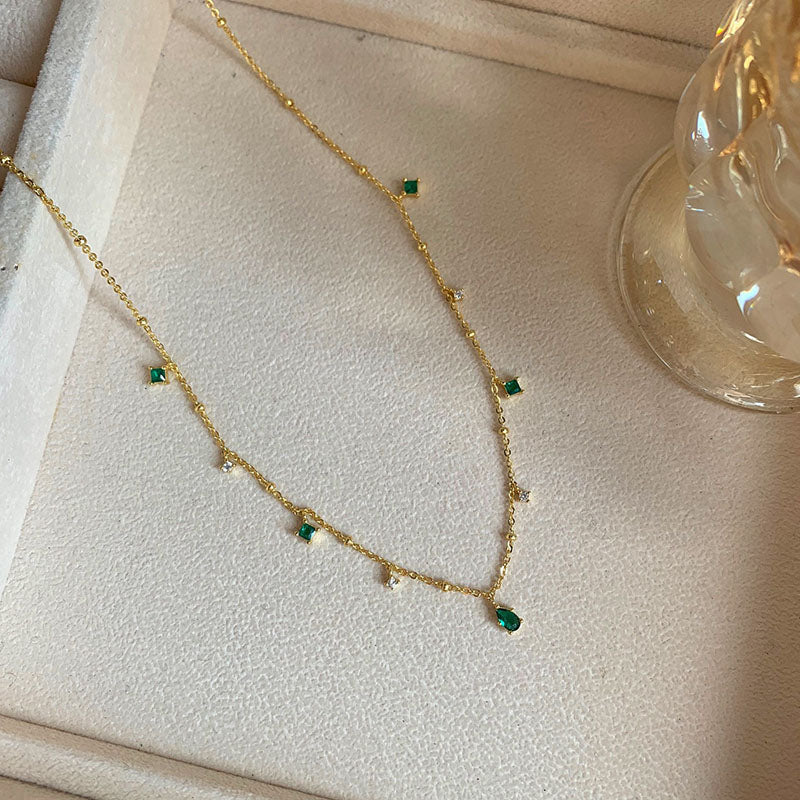 Silver And Gold Color Choker Necklace Exquisite Green Zircon Clavicle Chain Necklac