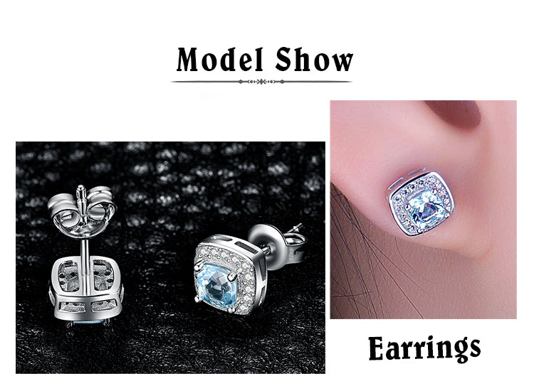 Genuine Blue Topaz 925 Sterling Silver Stud Earrings Pendant Necklace Open Adjustable Ring Jewelry Set for Women