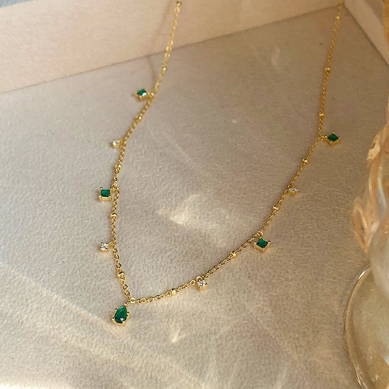 Silver And Gold Color Choker Necklace Exquisite Green Zircon Clavicle Chain Necklac