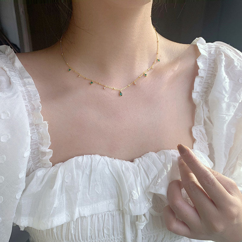 Silver And Gold Color Choker Necklace Exquisite Green Zircon Clavicle Chain Necklac