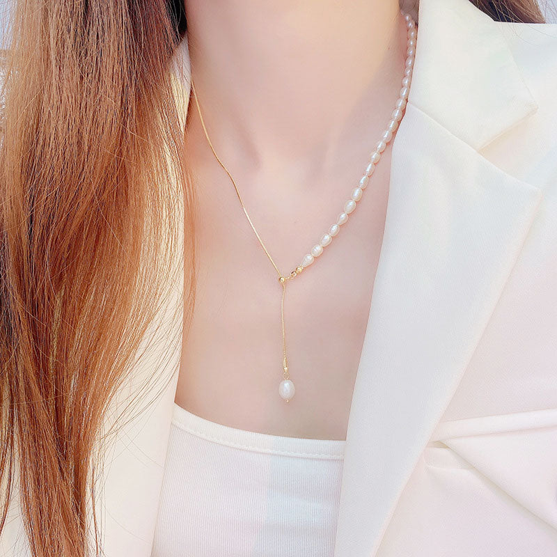 Freshwater Pearl Necklace Adjustable Necklace Elegant For Women Summer Chain With Pendant Temperament Y Chain Shine Jewelry