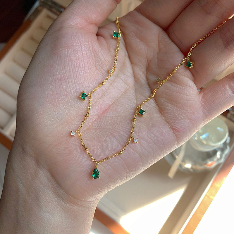 Silver And Gold Color Choker Necklace Exquisite Green Zircon Clavicle Chain Necklac