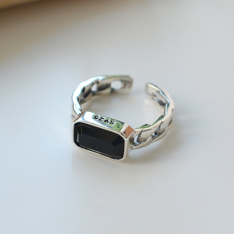 Black Cubic Zirconia Adjustable Ring 925 Sterling Silver