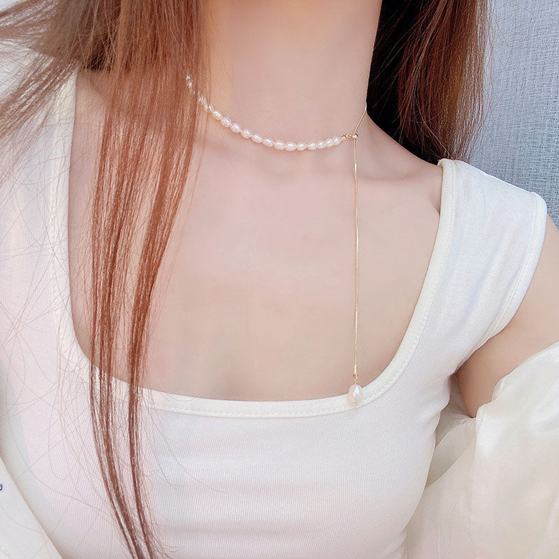 Freshwater Pearl Necklace Adjustable Necklace Elegant For Women Summer Chain With Pendant Temperament Y Chain Shine Jewelry