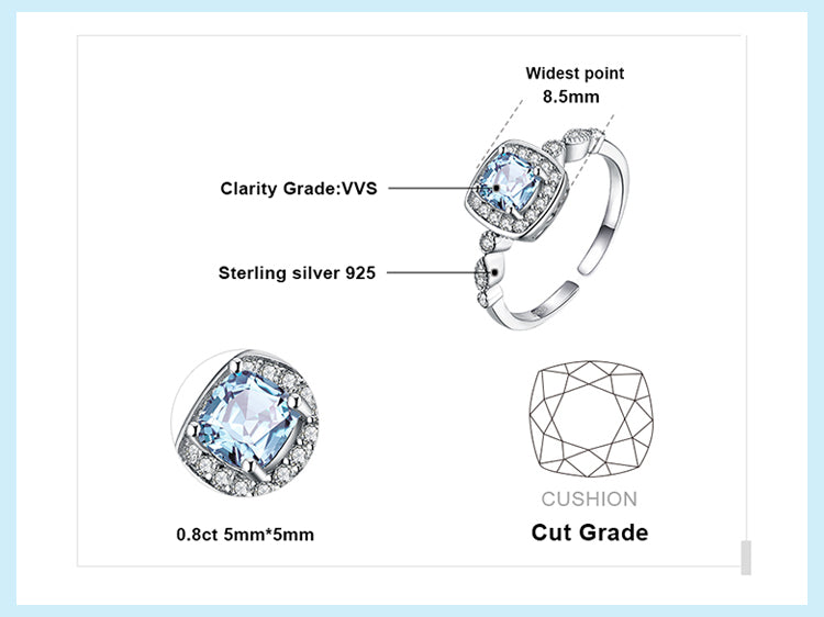 Genuine Blue Topaz 925 Sterling Silver Stud Earrings Pendant Necklace Open Adjustable Ring Jewelry Set for Women