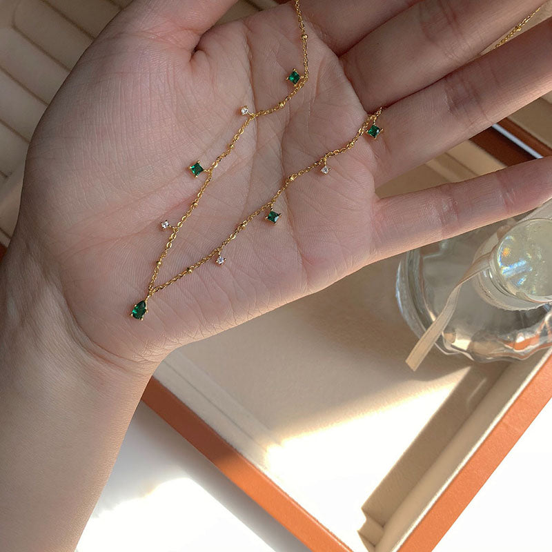 Silver And Gold Color Choker Necklace Exquisite Green Zircon Clavicle Chain Necklac