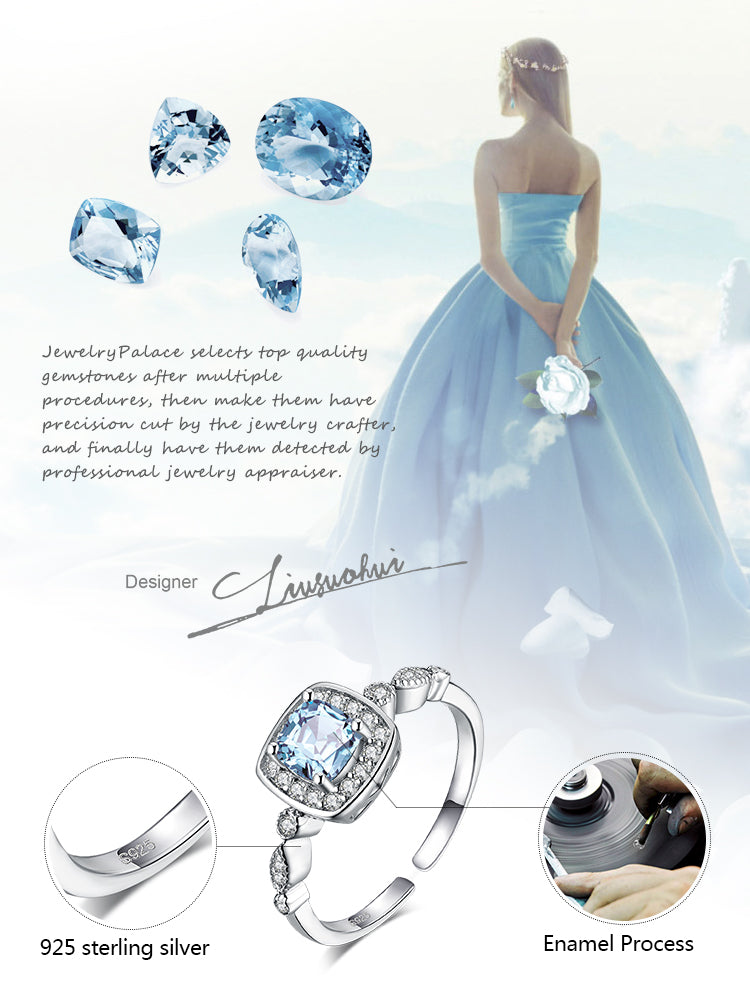 Genuine Blue Topaz 925 Sterling Silver Stud Earrings Pendant Necklace Open Adjustable Ring Jewelry Set for Women