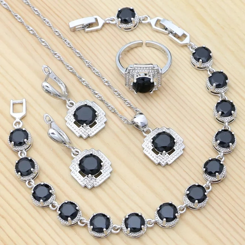 Silver Jewelry Set Round  Earrings Adjustable Ring Pendant Necklace Bracelet