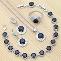 Silver Jewelry Set Round  Earrings Adjustable Ring Pendant Necklace Bracelet