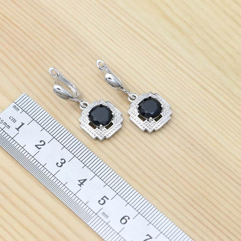 Silver Jewelry Set Round  Earrings Adjustable Ring Pendant Necklace Bracelet