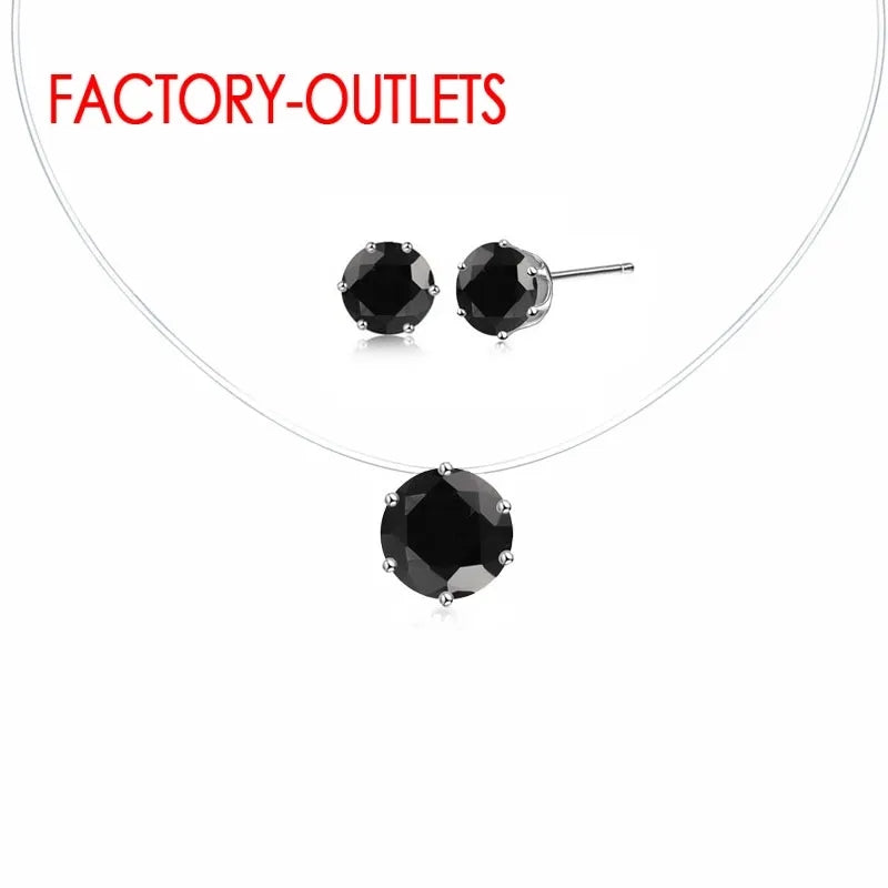 Classic Pendant Necklace Stud Earrings Fashion Jewelry Set CZ Crystal 6 Claws Women Girls Party Appointment