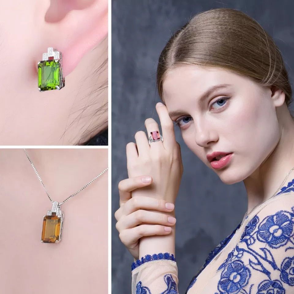 Emerald Cut Simulated Diaspore Pendant Necklace Earrings 925 Sterling Silver Jewelry Set