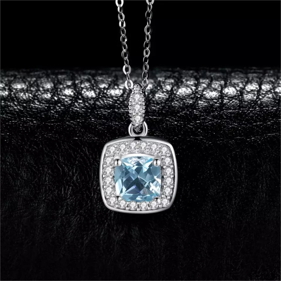 Genuine Blue Topaz 925 Sterling Silver Stud Earrings Pendant Necklace Open Adjustable Ring Jewelry Set for Women