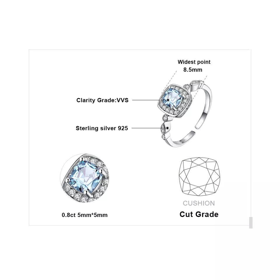 Genuine Blue Topaz 925 Sterling Silver Stud Earrings Pendant Necklace Open Adjustable Ring Jewelry Set for Women