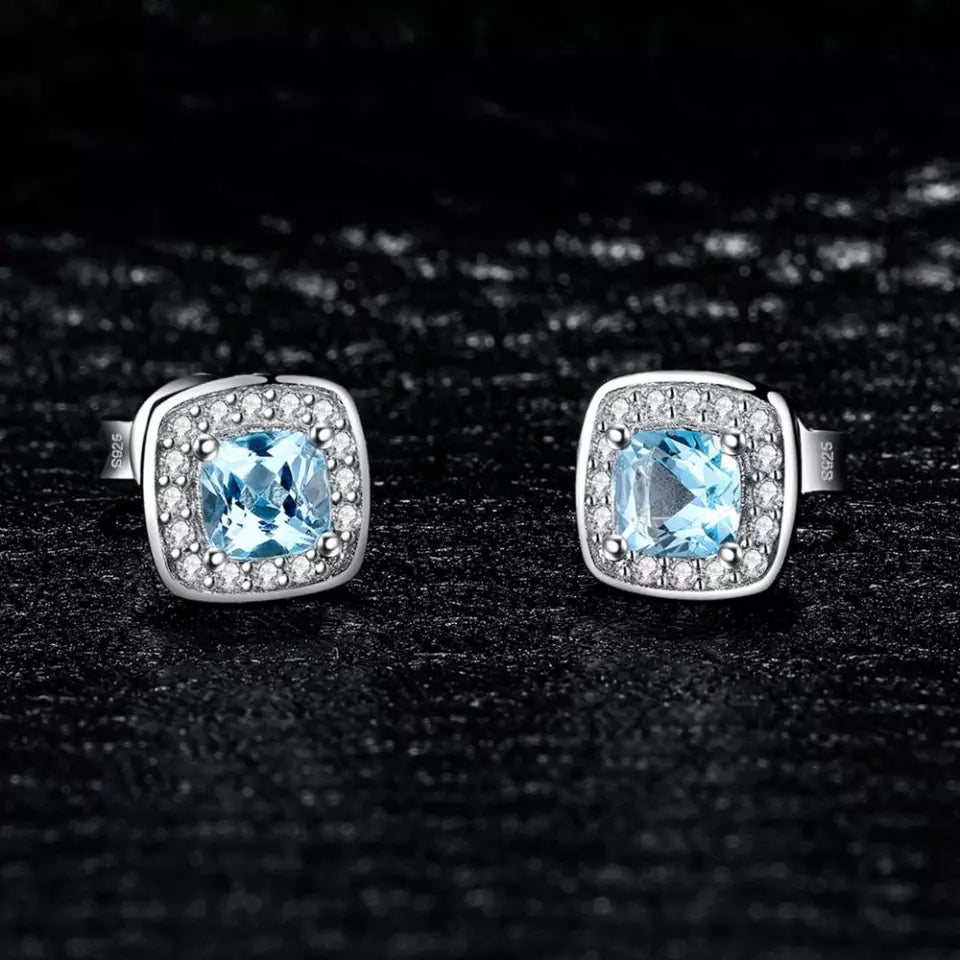 Genuine Blue Topaz 925 Sterling Silver Stud Earrings Pendant Necklace Open Adjustable Ring Jewelry Set for Women