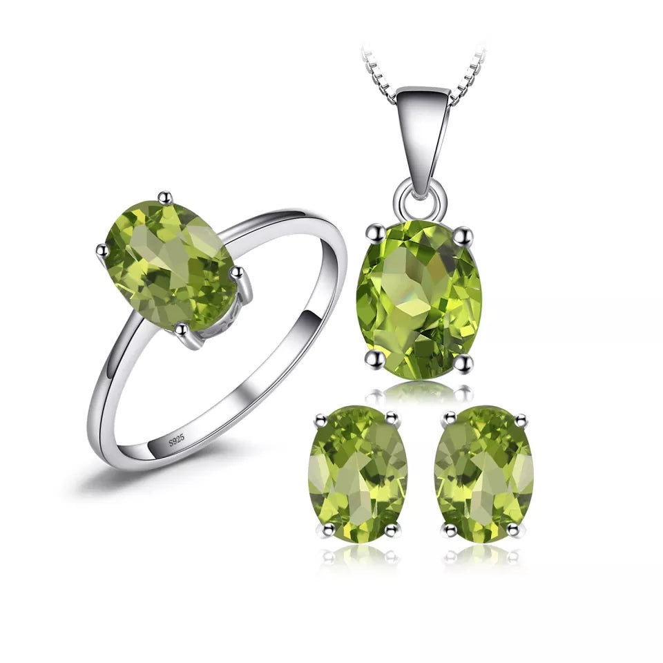 Natural  Peridot  925 Sterling Silver Ring Earring Pendant Necklace Jewelry Set