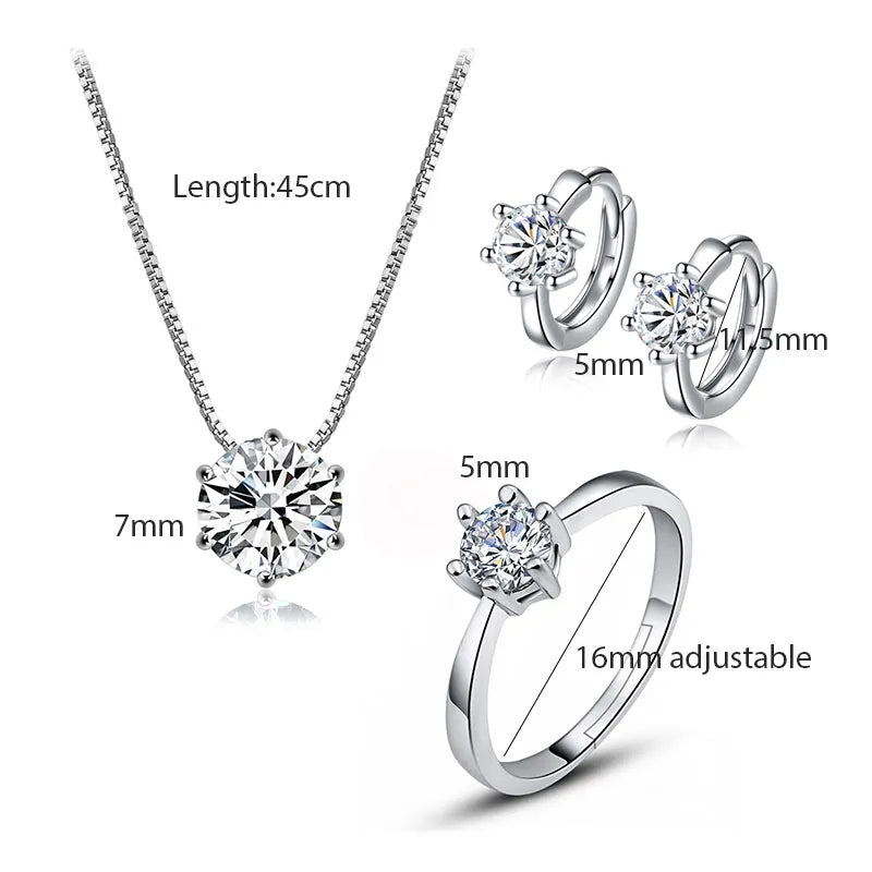 Silver Color Wedding Necklace Earrings Ring Jewelry Set for Women Dazzling Zircon Necklace Jewelry Anniversary Gift