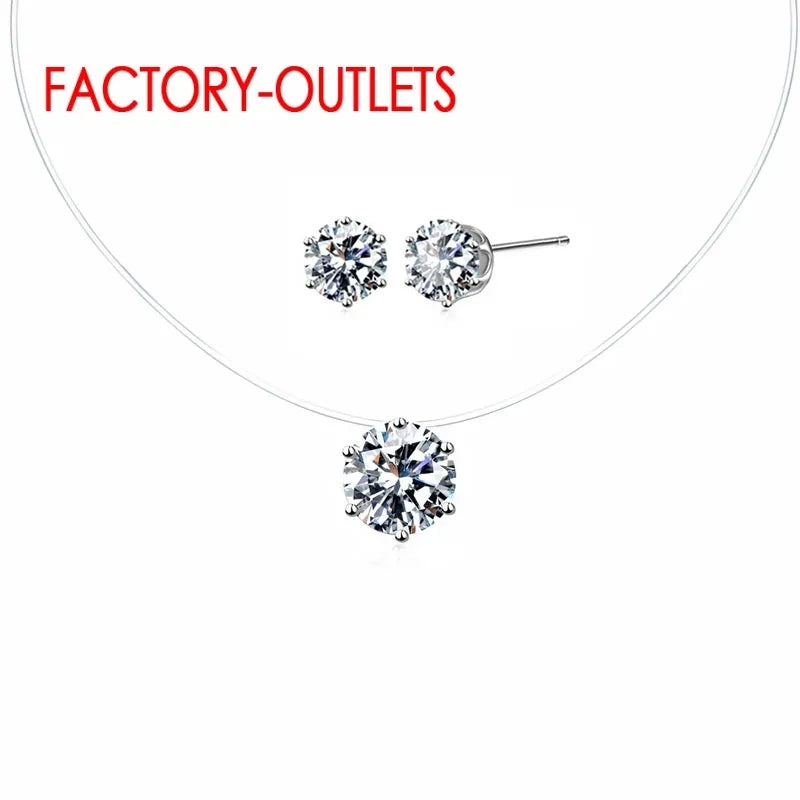 Classic Pendant Necklace Stud Earrings Fashion Jewelry Set CZ Crystal 6 Claws Women Girls Party Appointment