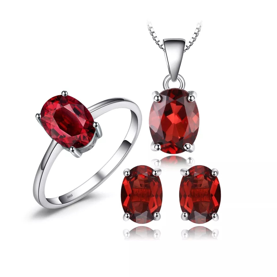 Natural  Garnet  925 Sterling Silver Ring Earring Pendant Necklace Jewelry Set