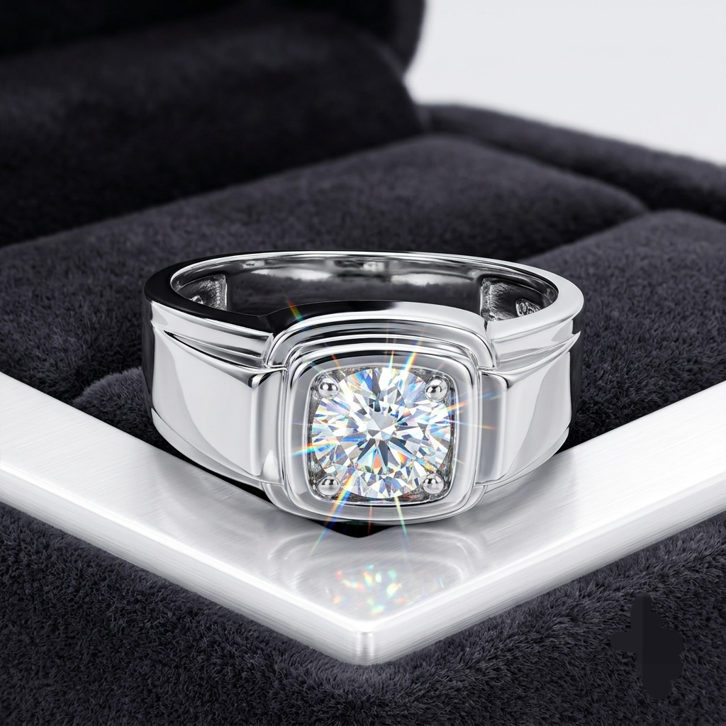 Certified 1 Carat Moissanite Men's Ring – 925 Sterling Silver | 6.5mm | Diamond Alternative