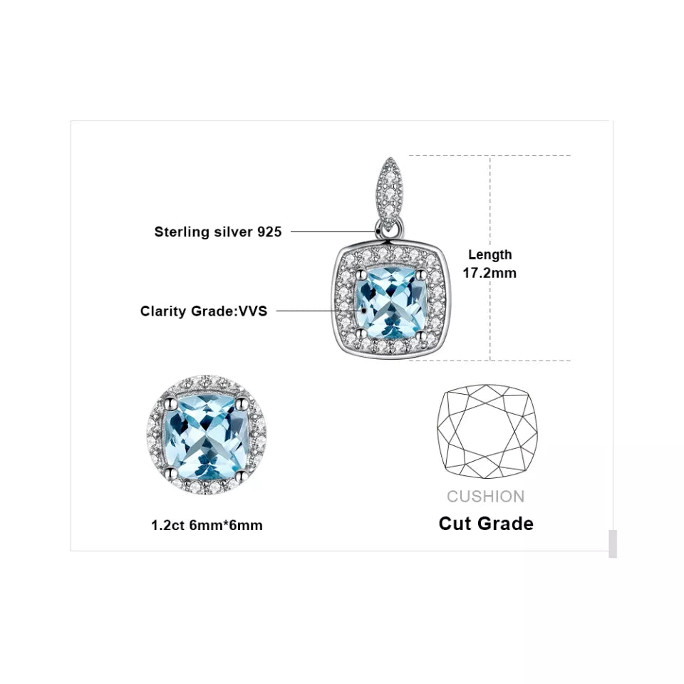 Genuine Blue Topaz 925 Sterling Silver Stud Earrings Pendant Necklace Open Adjustable Ring Jewelry Set for Women