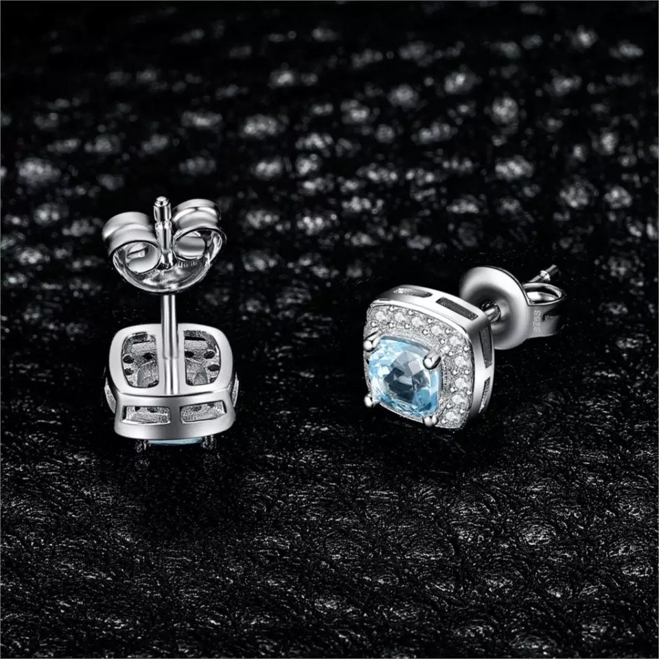 Genuine Blue Topaz 925 Sterling Silver Stud Earrings Pendant Necklace Open Adjustable Ring Jewelry Set for Women