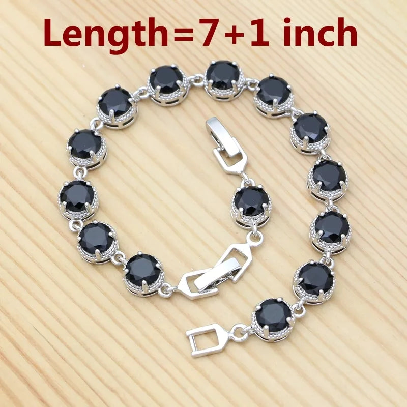 Silver Jewelry Set Round  Earrings Adjustable Ring Pendant Necklace Bracelet