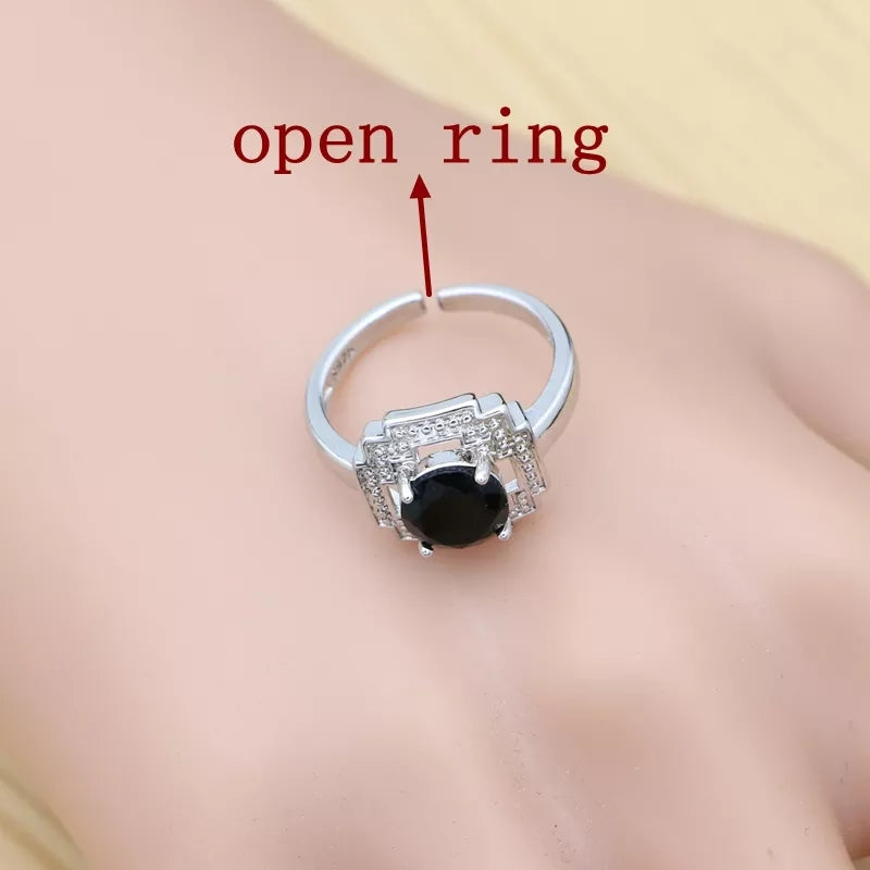 Silver Jewelry Set Round  Earrings Adjustable Ring Pendant Necklace Bracelet