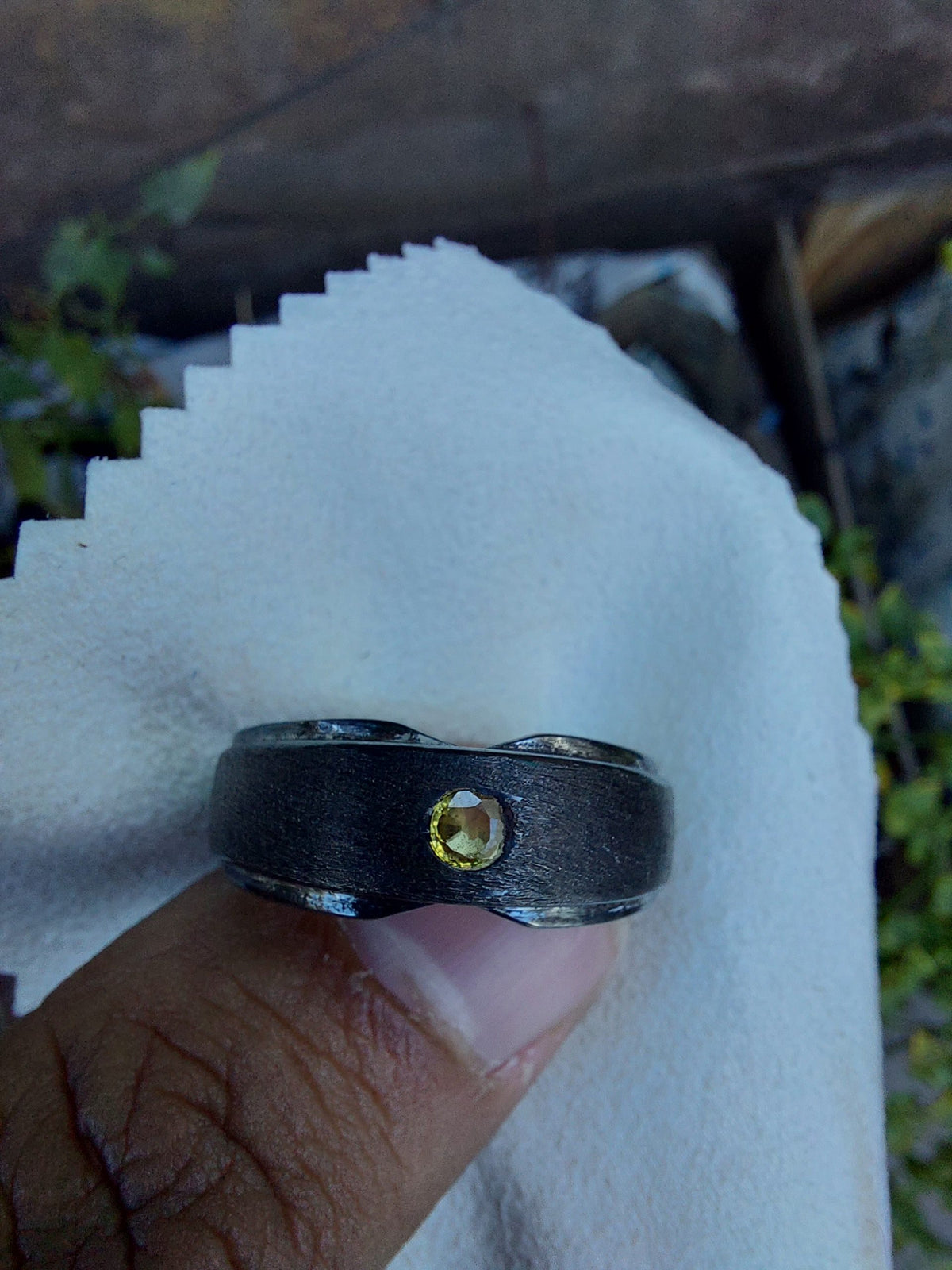 saphire  pukhraj  Genuine  gemstone  chandi ring Black oxidized