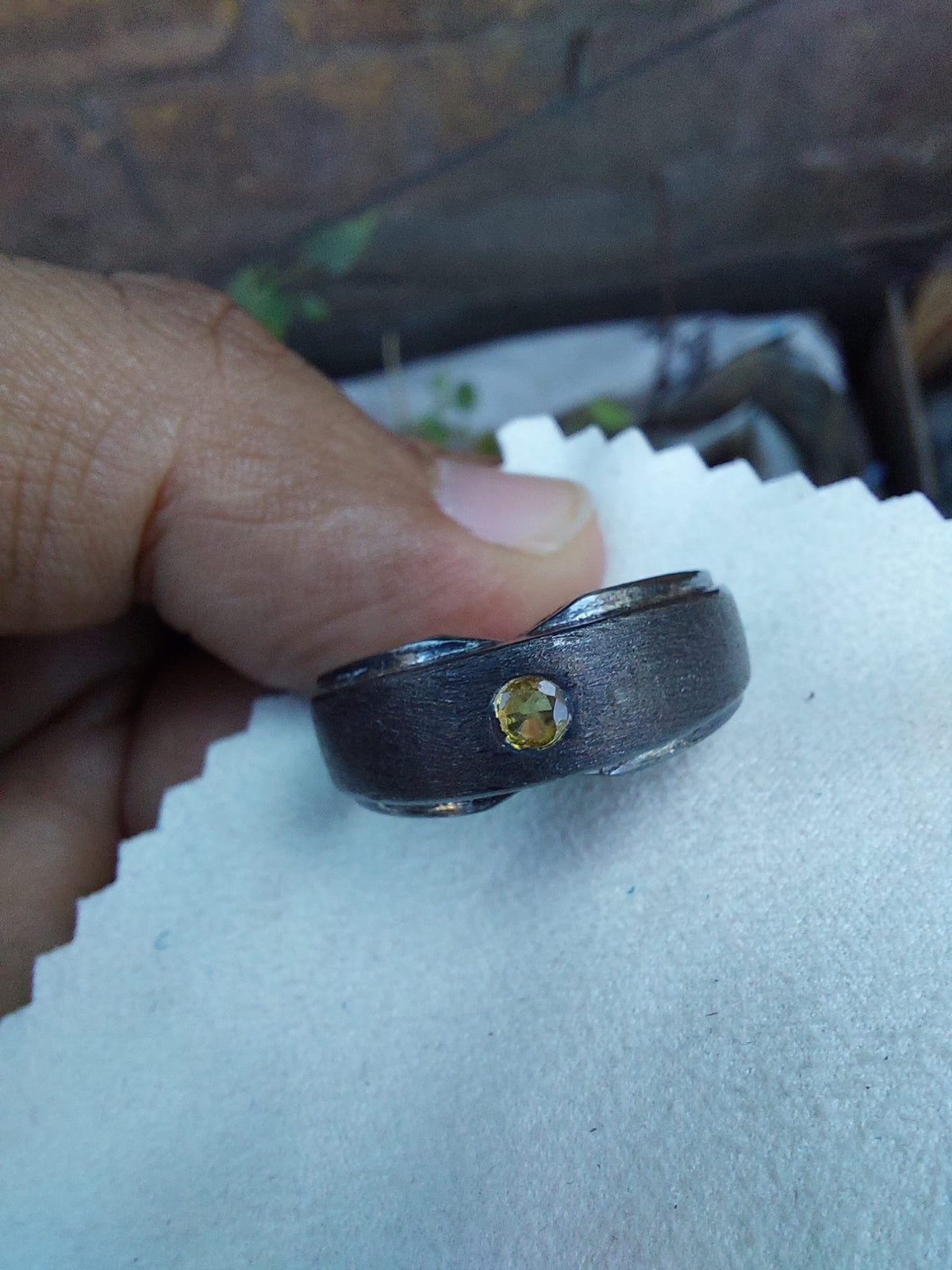 saphire  pukhraj  Genuine  gemstone  chandi ring Black oxidized