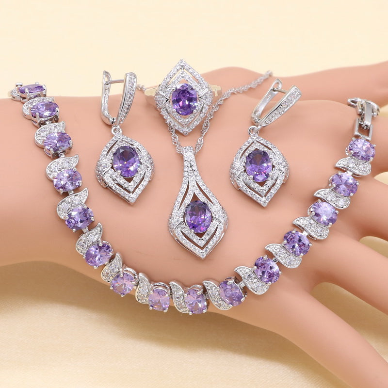 925 Sterling Silver Jewelry Sets For Women Wedding Jewelry Ladies Purple Zircon Earrings Bracelets Set Rings Pendant Necklace
