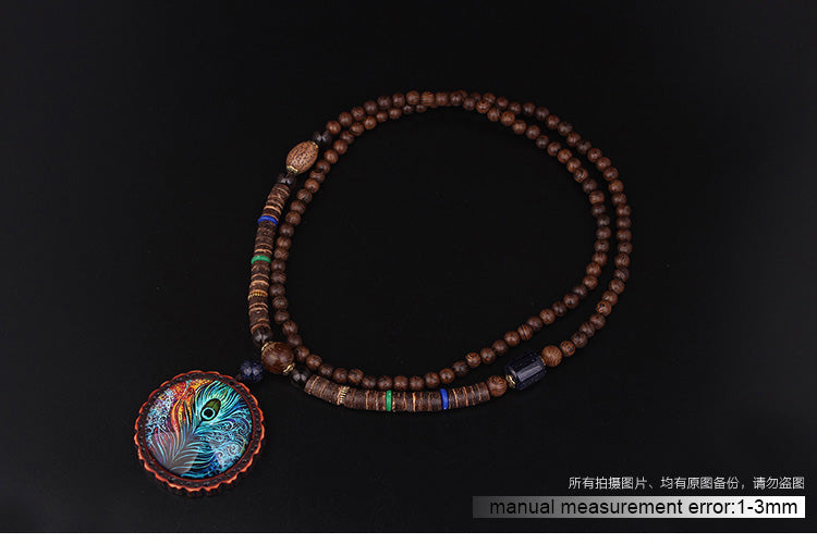 Extra Long 40-Inch Wood & Stone Necklace with Peacock Pendant