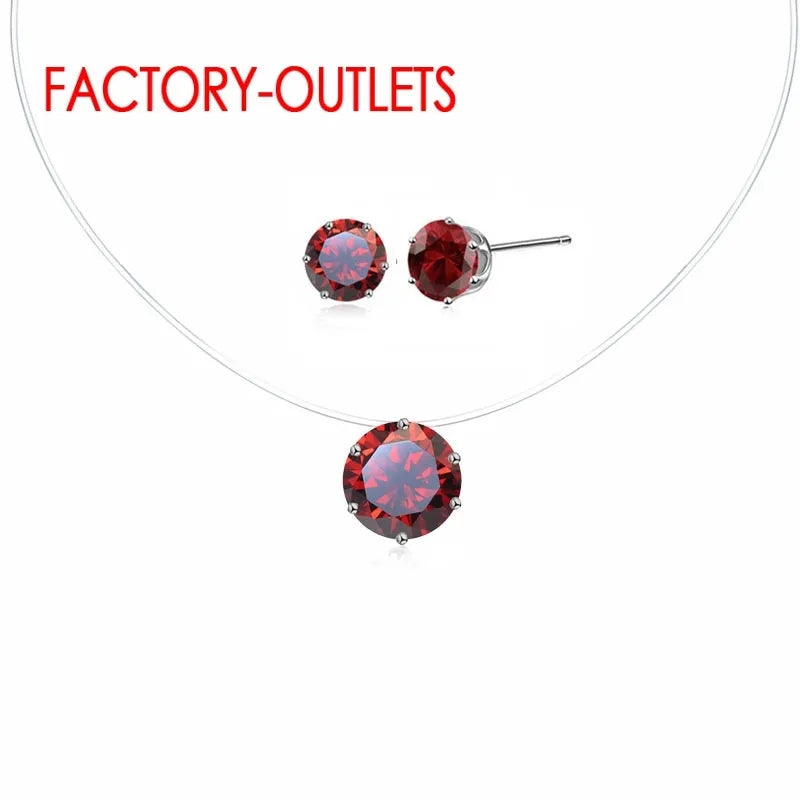 Classic Pendant Necklace Stud Earrings Fashion Jewelry Set CZ Crystal 6 Claws Women Girls Party Appointment
