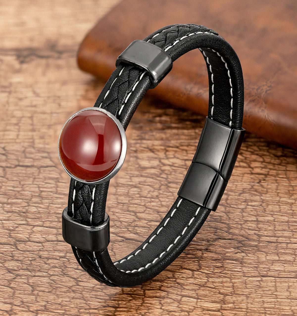 Aqeeq Genuine Gemstone Leather Bracelet
