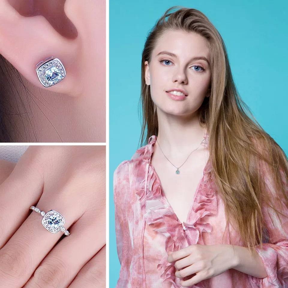 Genuine Blue Topaz 925 Sterling Silver Stud Earrings Pendant Necklace Open Adjustable Ring Jewelry Set for Women