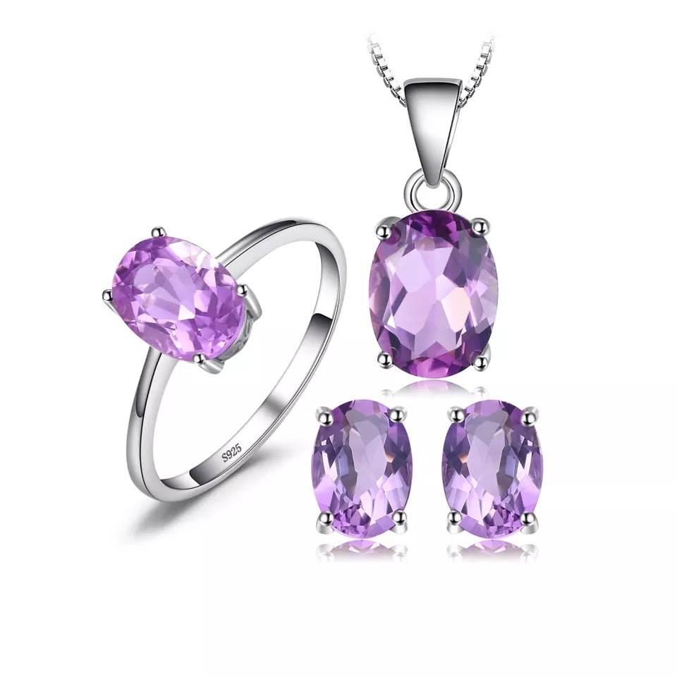 Natural Amethyst  925 Sterling Silver Ring Earring Pendant Necklace Jewelry Set