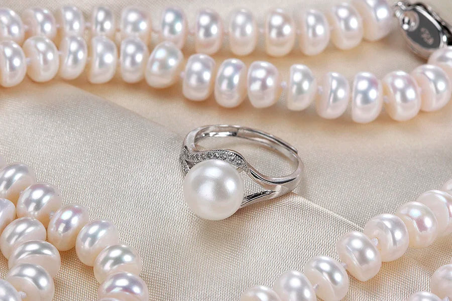 Natural Freshwater Pearl 7-8mm Bread Round925 Sterling Silver Wedding Jewelry Sets