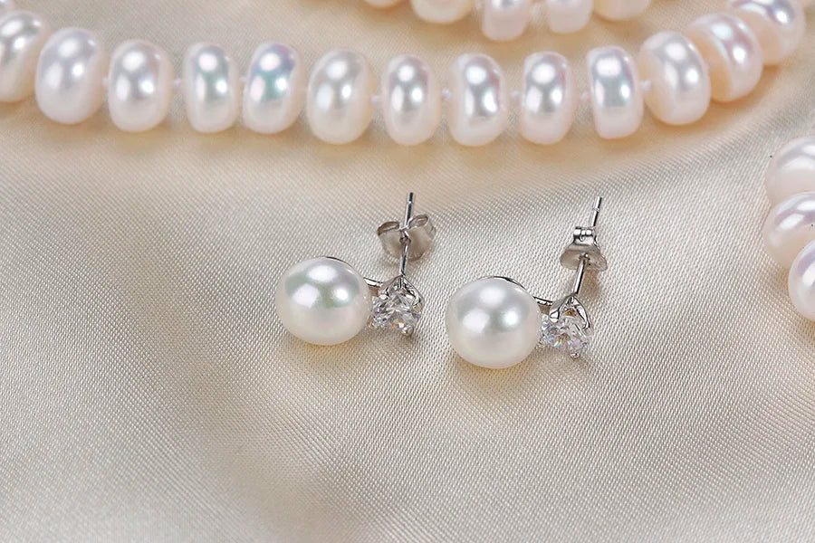 Natural Freshwater Pearl 7-8mm Bread Round925 Sterling Silver Wedding Jewelry Sets