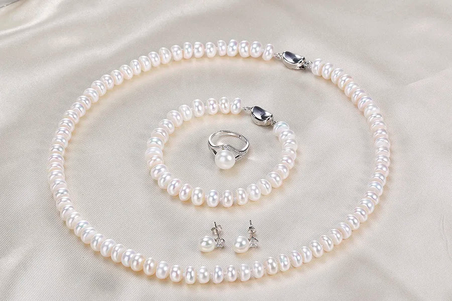 Natural Freshwater Pearl 7-8mm Bread Round925 Sterling Silver Wedding Jewelry Sets