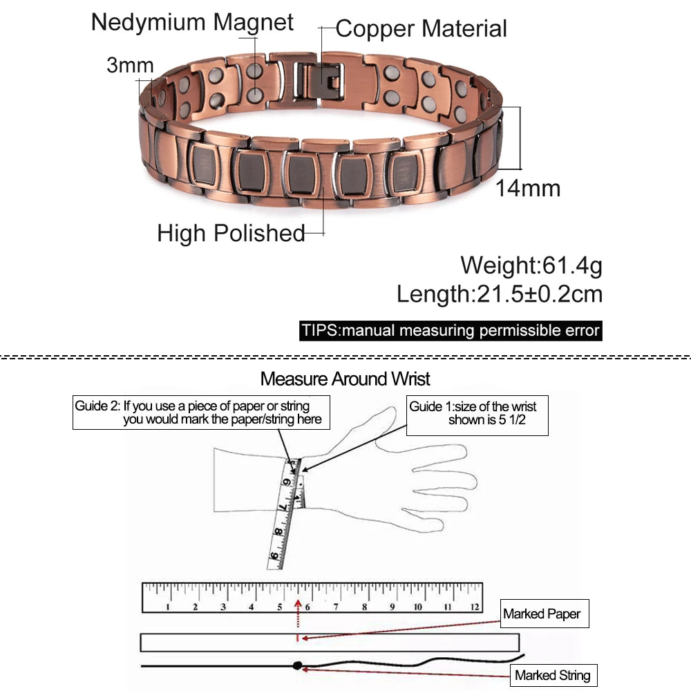 Magnetic Pure Copper Bracelet Men 12mm Wrist Band Copper Magnetic Bracelet Therapy Arthritis Hand Chain Energy Mens Bracelets