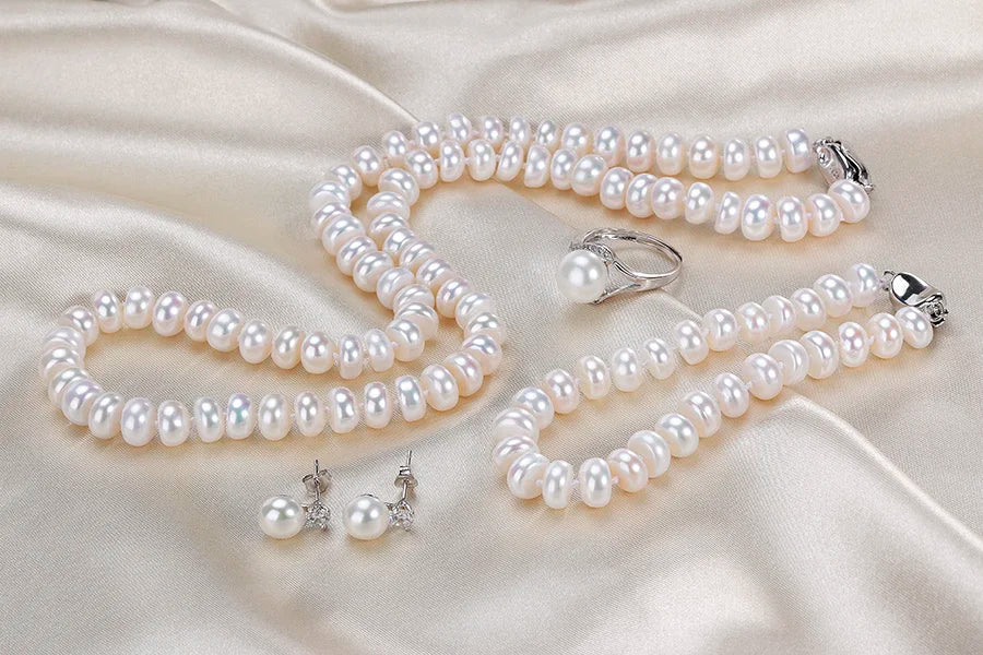 Natural Freshwater Pearl 7-8mm Bread Round925 Sterling Silver Wedding Jewelry Sets