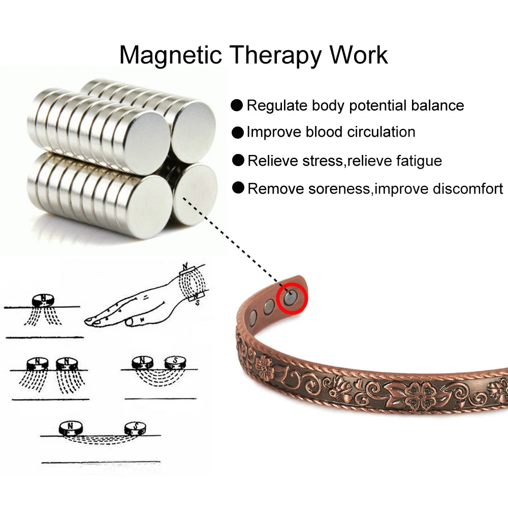 Pure Copper Bracelets Magnetic Butterfly Adjustable Vintage Flower Cuff Bangle 9.7mm Health Energy High Magnet Jewelry Resizable