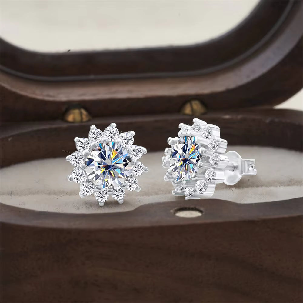 925 Sterling Silver Earrings 1 Carat *2 Moisanne Flowerpendant  D Color With Certificate Jewelry Engagement