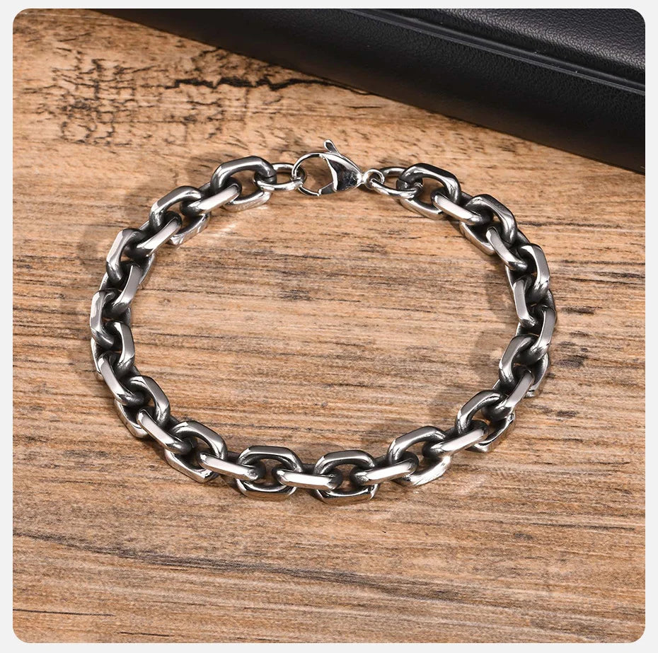 8mm Rolo Cable Chain Link Bracelet for Men Women,Antique Vintage Stainless Steel Links Chain Wristband,Simple Metal Jewelry