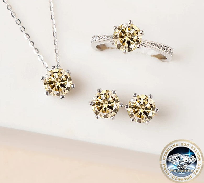 certified Moissanite 925 Sterling Silver Jewelry Set including ring, earrings, necklace, and pendant.