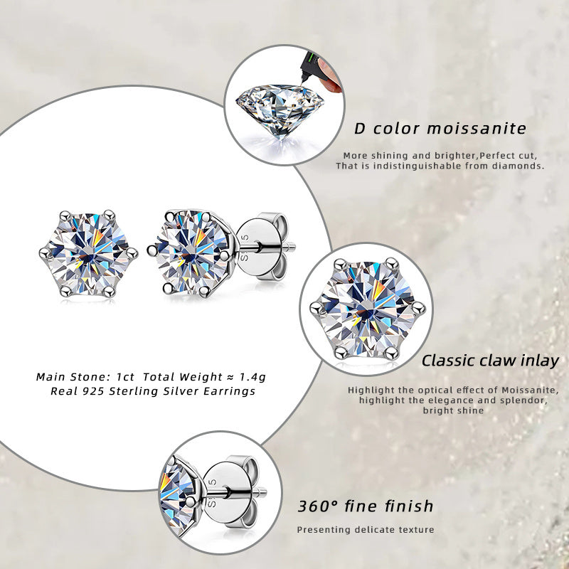 925 Sterling Silver D Color Moissanite Stud Certified