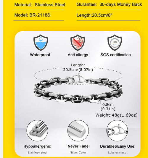 8mm Rolo Cable Chain Link Bracelet for Men Women,Antique Vintage Stainless Steel Links Chain Wristband,Simple Metal Jewelry